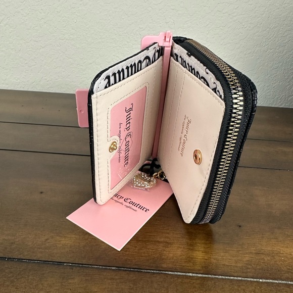 Juicy Couture Deboss Liquorice Black Zip Around Bifold Wallet w Heart Rhinestone - Picture 4 of 5